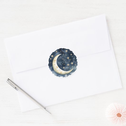 Sticker Rond Aquarelle Blue Space et Golden Moon Baby shower (Enveloppe)