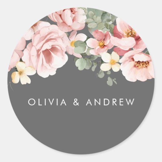 Sticker Rond Aquarelle Blush & Grey Floral Mariage (Devant)