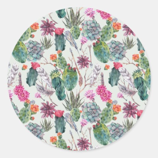 Sticker Rond Aquarelle Boho exotique Cactus et Motif succulent (Devant)