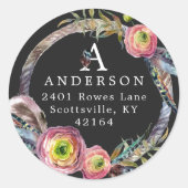 Sticker Rond Aquarelle Boho Feather Wath Monogramme Adresse (Devant)