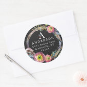 Sticker Rond Aquarelle Boho Feather Wath Monogramme Adresse (Enveloppe)