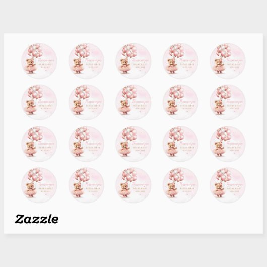 Sticker Rond Aquarelle Boho rose Teddy Bear Baby shower fille (Feuille)