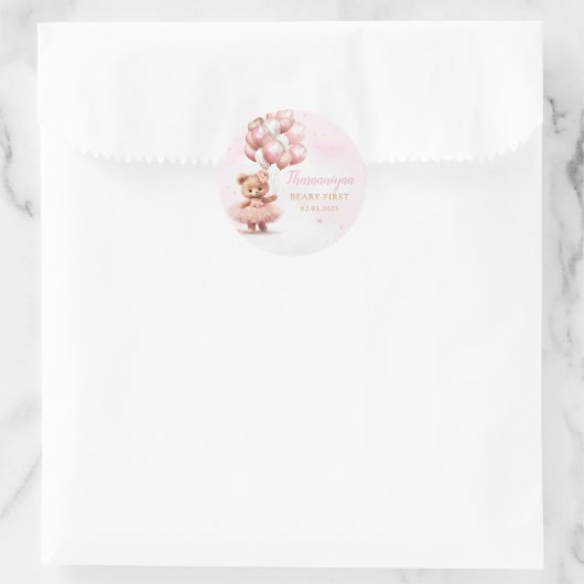Sticker Rond Aquarelle Boho rose Teddy Bear Baby shower fille (Sac)
