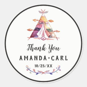 Sticker Rond Aquarelle Boho Tipi Tente Mariage Merci