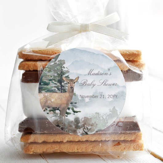 Sticker Rond Aquarelle Bois Forêt Baby shower Doe