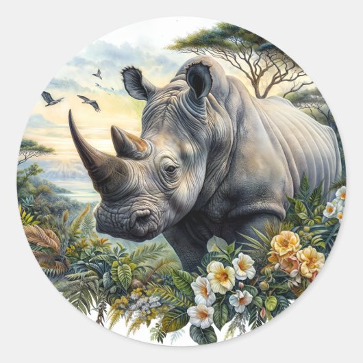 Sticker Rond Aquarelle botanique rhino (Devant)