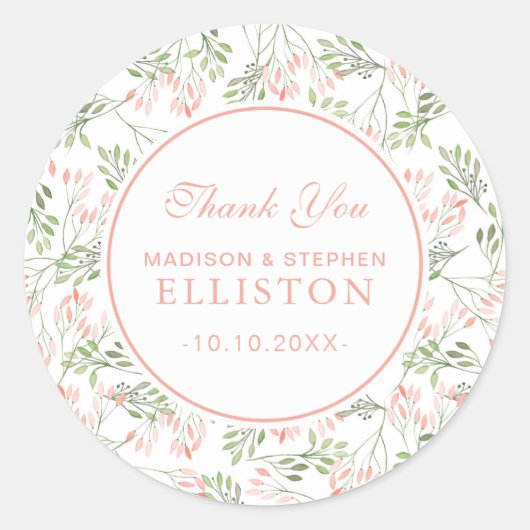 Sticker Rond Aquarelle botanique verte et rose | MERCI (Devant)