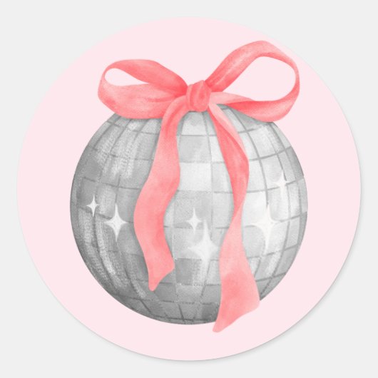 Sticker Rond Aquarelle Boule rouge rose Bow Silver Disco Ball (Devant)
