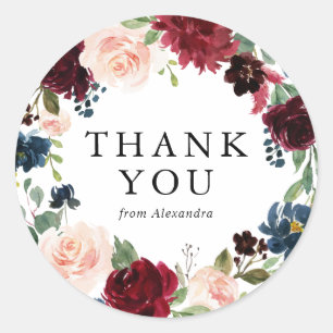 Sticker Rond Aquarelle Bourgogne et Merci Floral bleu