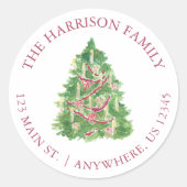 Sticker Rond Aquarelle Bourgogne et verte Arbre de Noël Adresse (Devant)