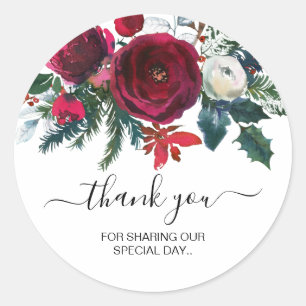 Sticker Rond Aquarelle Bourgogne Fleurs d'hiver Merci