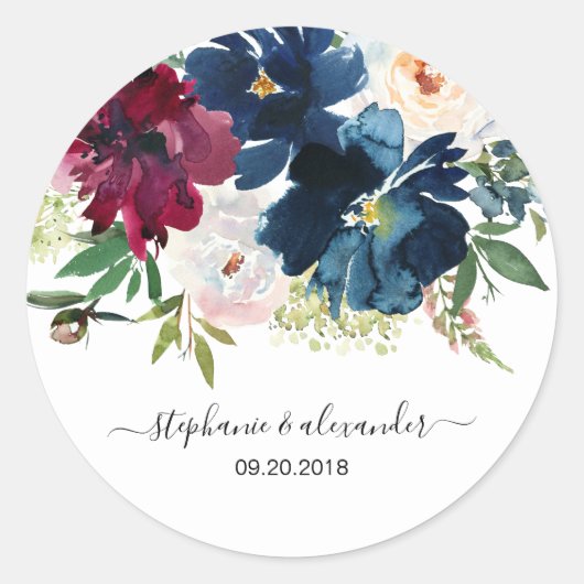 Sticker Rond Aquarelle Bourgogne Mariage de fleurs de marine (Devant)