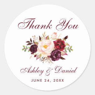 Sticker Rond Aquarelle Bourgogne Mariage Floral Merci