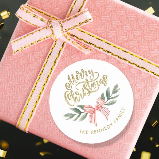 Sticker Rond Aquarelle Bow Script or Joyeux Noël