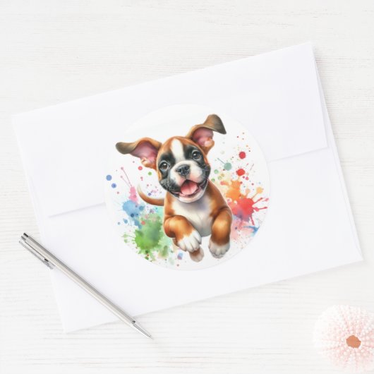 Sticker Rond Aquarelle Boxer Chien Joie (Enveloppe)