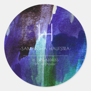 Sticker Rond Aquarelle brossée Monogramme Iridescente Indigo