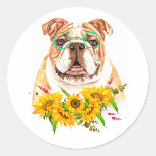Sticker Rond Aquarelle Bulldog & Sunflower