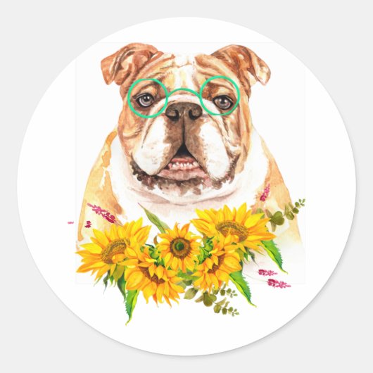 Sticker Rond Aquarelle Bulldog & Sunflower (Devant)