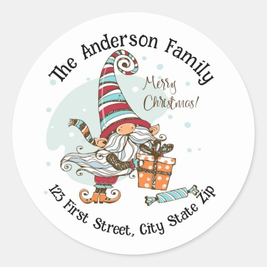 Sticker Rond Aquarelle Cadeaux de Noël Gnome (Devant)