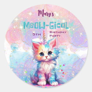 Sticker Rond Aquarelle Caticorn Meow-Gical Anniversaire