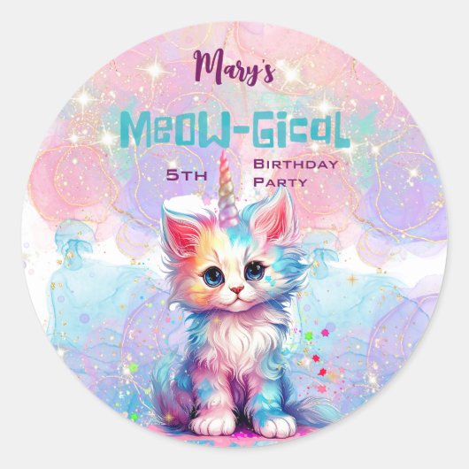 Sticker Rond Aquarelle Caticorn Meow-Gical Anniversaire (Devant)