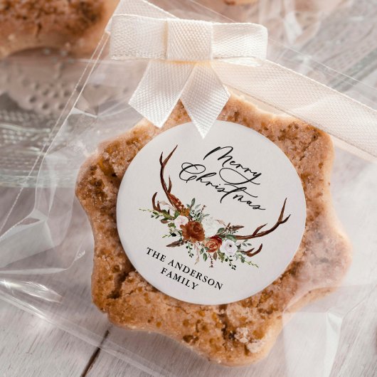 Sticker Rond aquarelle cerf floral joyeux noël