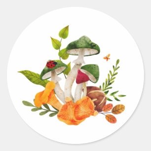 Sticker Rond Aquarelle Champignons de la Forêt Sauvage, Feuille
