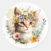 Sticker Rond Aquarelle Chat avec couronne de fleurs (Devant)