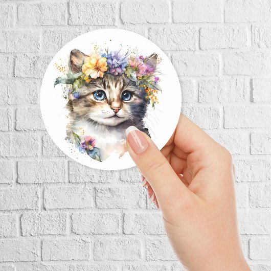 Sticker Rond Aquarelle Chat avec couronne de fleurs