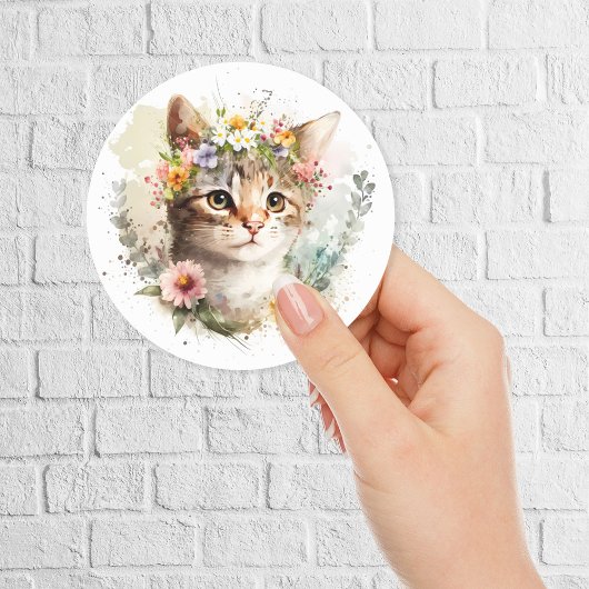 Sticker Rond Aquarelle Chat avec couronne de fleurs