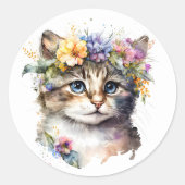 Sticker Rond Aquarelle Chat avec couronne de fleurs (Devant)