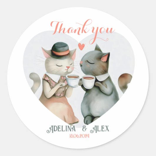 Sticker Rond Aquarelle Chat Couple Merci Mariage Faveur (Devant)