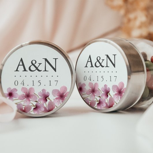 Sticker Rond Aquarelle Cherry Blossoms Mariage Monogramme