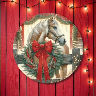 Sticker Rond Aquarelle Cheval et Ferme Festive Noël