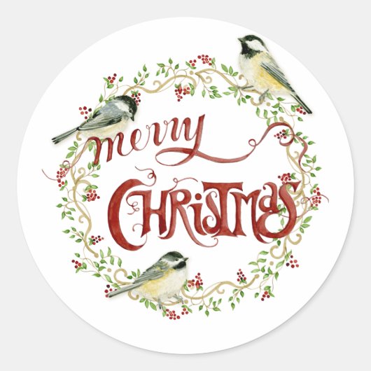 Sticker Rond Aquarelle Chickadee Birds Joyeux Noël Wreath (Devant)