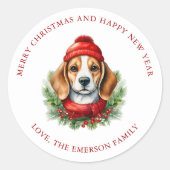 Sticker Rond Aquarelle Chien Beagle de Noël (Devant)
