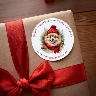 Sticker Rond Aquarelle Chien de Poméranie de Noël