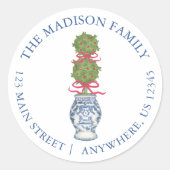 Sticker Rond Aquarelle Chinoiserie Noël Bow rouge Topio (Devant)