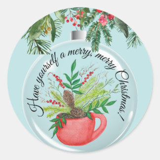Sticker Rond Aquarelle Christnas Verdure dans un Cu rouge[