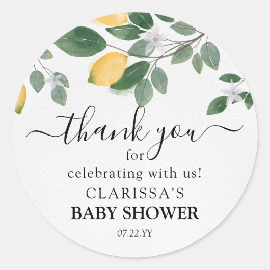 Sticker Rond Aquarelle Citron & Baby shower vert Merci (Devant)