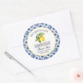 Sticker Rond Aquarelle Citron Carrelage bleu Limoncello Merci (Enveloppe)