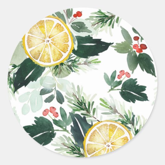 Sticker Rond Aquarelle Citron et Noël Motif Holly (Devant)