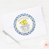 Sticker Rond Aquarelle Citrons Carrelage bleu Limoncello Merci (Enveloppe)