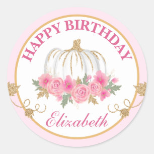 Sticker Rond Aquarelle Citrouille Rose et Or Joyeux Anniversair