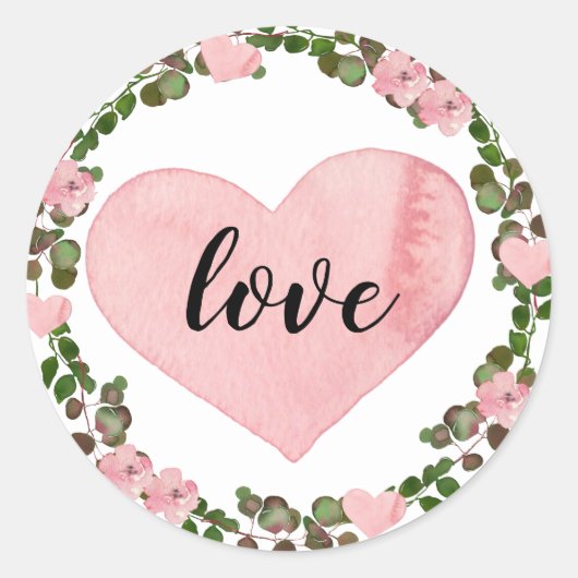 Sticker Rond Aquarelle Coeur rose et Eucalyptus Vert Amour (Devant)