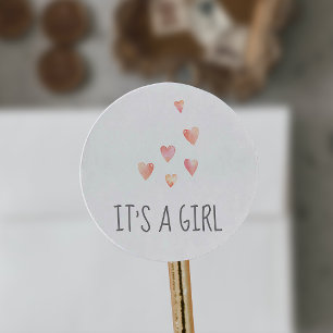 Sticker Rond Aquarelle Coeurs C'est un Baby shower fille