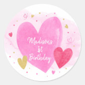 Sticker Rond Aquarelle Coeurs rose rouge Anniversaire (Devant)