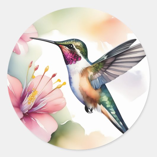 Sticker Rond Aquarelle Colibri Aux Fleurs Roses (Devant)