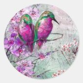Sticker Rond Aquarelle Colibris aux fleurs de printemps roses (Devant)