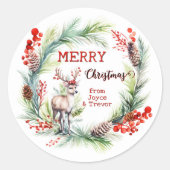 Sticker Rond Aquarelle colorée Cerf Wreath Noël (Devant)